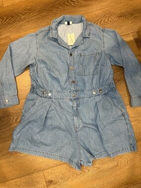 Light Wash Denim Romper with Button Front, Long Sleeve and Cinchable waist
